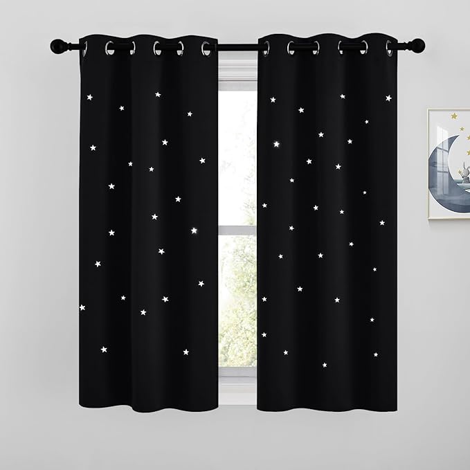NICETOWN Kids Curtains for Bedroom, Star Cutout Thermal Insulated Short Curtains for Baby Nursery, Grommet Window Covering for Boys Room, (W34 x L54 Inches, 2 Panels, Black)