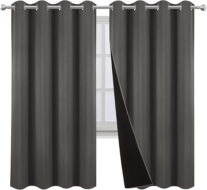 LEMOMO 100% Blackout Curtains 52 x 63 Inch Grey Curtains 2 Panels Darkening Thermal Insulated Bedroom Curtains