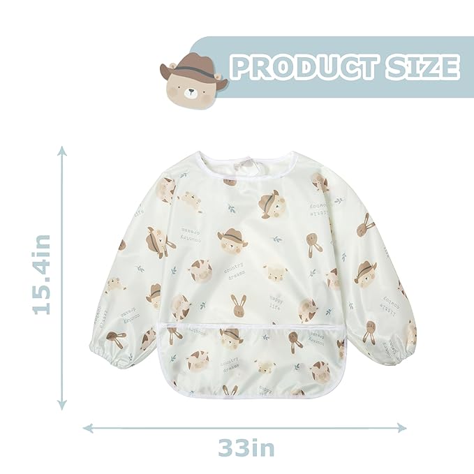 Little Dimsum Full Sleeved Feeding Bib 2 Pack,Baby & Toddler Waterproof Bib Apron,Food Protection Large Pocket Eating Smock 6-36 Months(Hat Bear&owl)