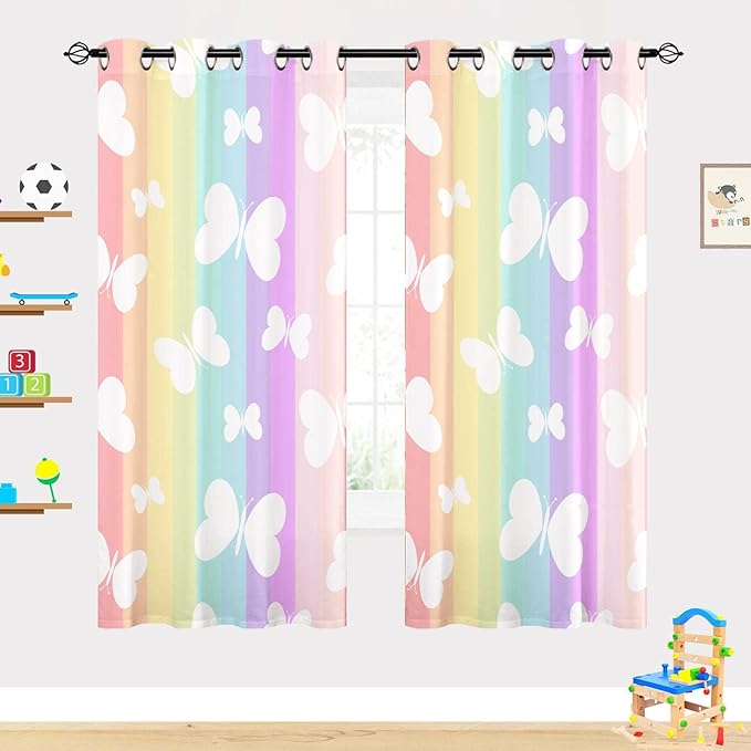 Rainbow Butterfly Blackout Curtains W42 x L63 Inch Grommet Room Darkening Window Drapes Girls Kids White Butterflies on Colorful Stripes Print Pattern for Living Room Bedroom 2 Panels