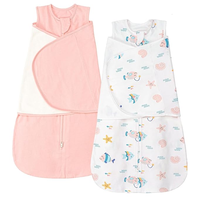 ZIGJOY Sleep Sack Swaddle 1.0 Tog Baby Wearable Blanket 100% Cotton Baby Swaddle Blanket for Newborns 0-6 Months Ocean&Pink