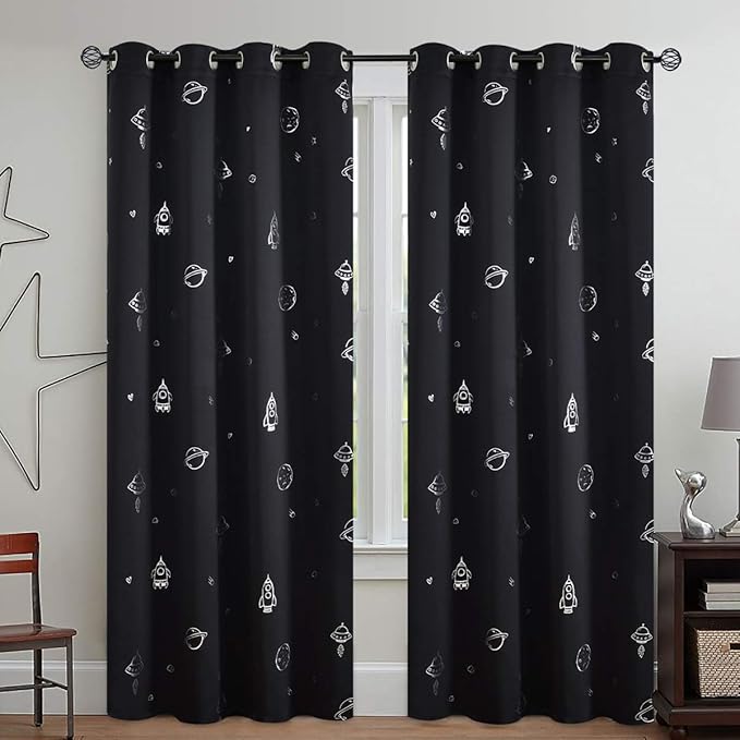Vangao Blackout Curtains for Bedroom Kids Curtains 84 Inches Length for Boys Bedroom Space Theme Nursery Girls Room Silver Foil Print Spaceship Drapes Grommet Top Light Blocking Set 2 Panels
