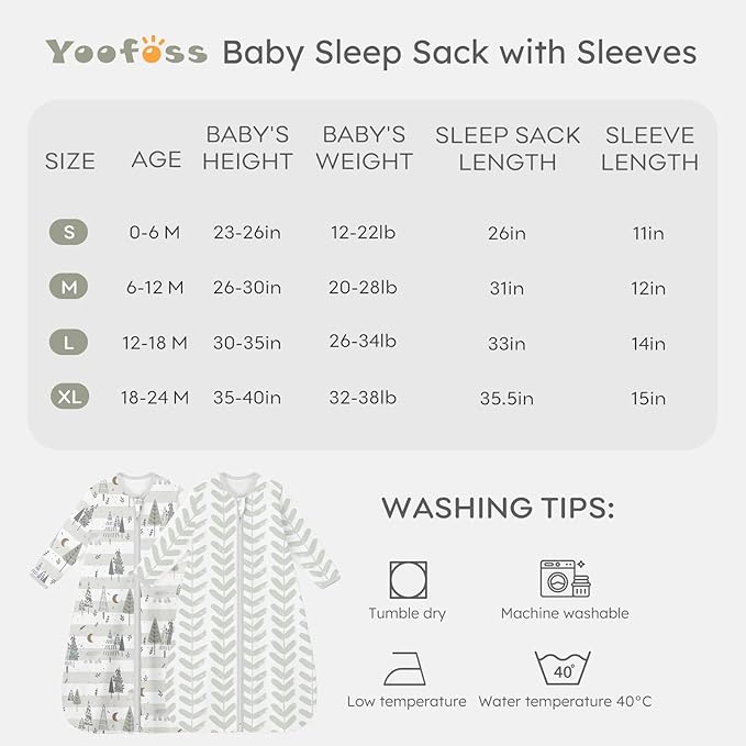Yoofoss Baby Sleep Sack 18-24 Months Long Sleeve Wearable Blanket Baby 100% Cotton 2-Way Zipper 0.5 Tog Toddler Sleeping Sack, Lightweight(X-Large)