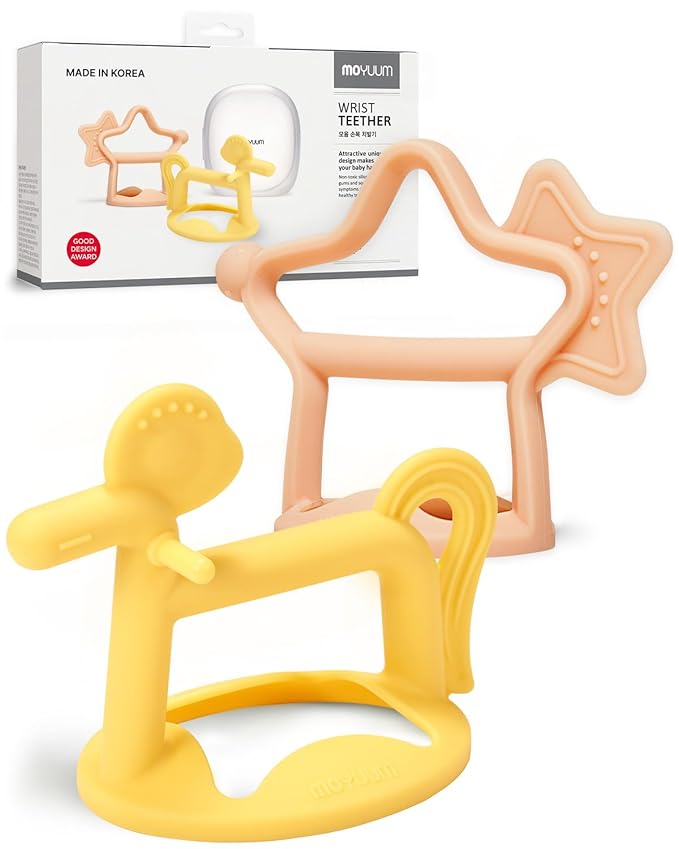 MOYUUM Wrist Teether Gift Set 100% Silicone, Wearable Type Baby Chew Toy Baby Gift for Newborn Roly Poly Toy Silicone Teething Toys for Infant and Toddler Bracelet Type (Star Coral Beige, Pony Yellow)