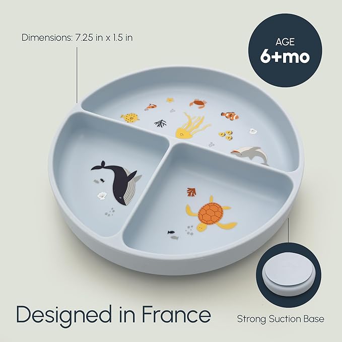 Silicone Suction Plates with Dividers - Grip Plates for Babies 6-12 Months and Toddlers 1-3, Toddler and Baby Dishes, Baby Led Weaning Essentials, Dishwasher Safe (Blue - Under the Sea)