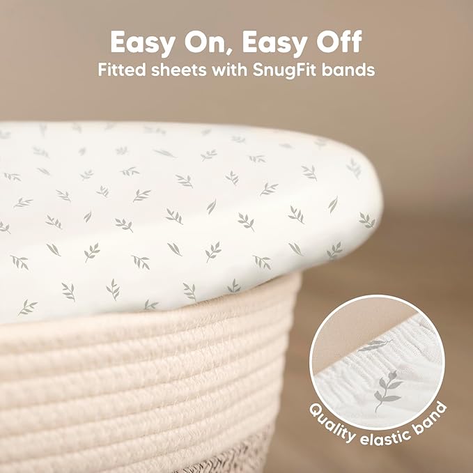 2-Pack Organic Bassinet Sheets for Girls, Boys - 100% Cotton Bassinet Mattress Sheets Compatible with Halo Bassinest Swivel Sleeper, Graco, Baby Delight, Chicco, Unisex Fitted Bassinet Sheets (Herb)