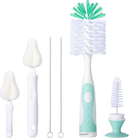 CAREBABYMORE Baby Bottle Brush Set with Nipple Cleaner and Suction, 10.2" Cleaning Brush and 6.5" Sponge Bottle Brush with A Replacement Brush Head and Two 6.7" Straw Brushes, Pack of 5 (Green)