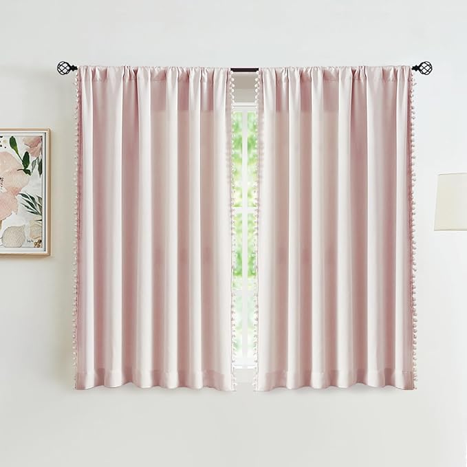 Treatmentex Pom-Pom Pink Half-Blackout Curtains 45'''' Short Window Curtain Set for Girls Baby Nursery Room Darkening Drapes 2 Panels Rod Pocket,Adult