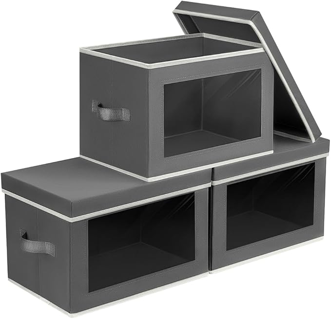 Stackable Storage Bins with Lids - Large Storage Box with Lids, Foldable Closet Boxes for Organizing, Wardrobe Clothes Organizer with Window, Cubes Bins for Living Room, 3 Pack, Dark Grey