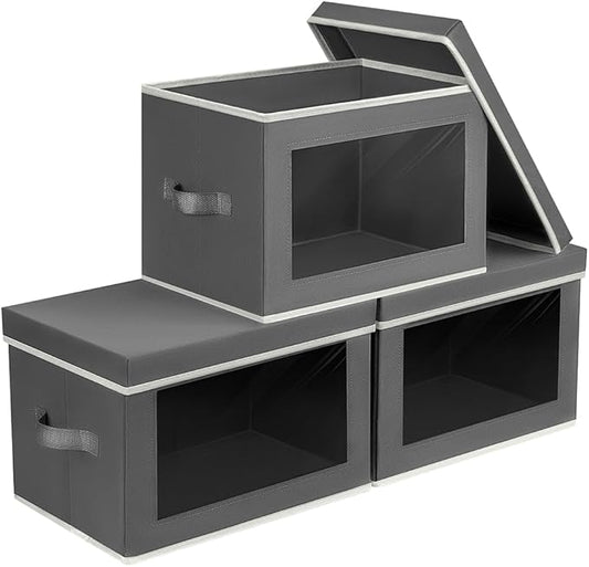 Stackable Storage Bins with Lids - Large Storage Box with Lids, Foldable Closet Boxes for Organizing, Wardrobe Clothes Organizer with Window, Cubes Bins for Living Room, 3 Pack, Dark Grey