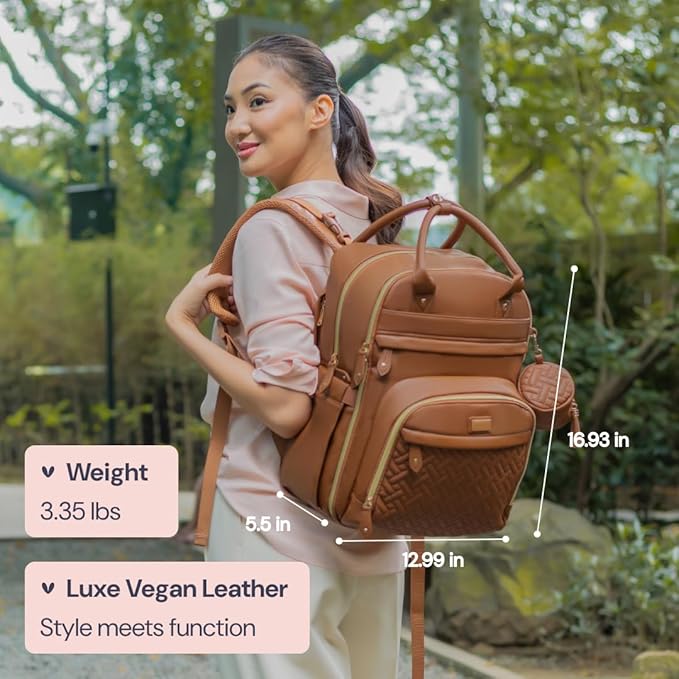 BabbleRoo Leather Diaper Bag Backpack - Baby Essentials Travel Baby Bag, Multi function, Water Resistant, with Changing Pad, Stroller Straps & Pacifier Case – Unisex, Natural Brown