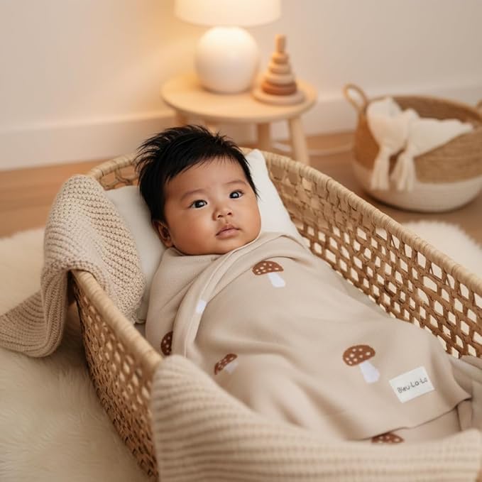Unisex Baby Swaddle Blanket 100% Cotton Buttery Soft Cozy Receiving Swaddle Stroller Blanket for Shower Gift Registry for Newborns, Infants, Toddlers (Mushroom - Cream)