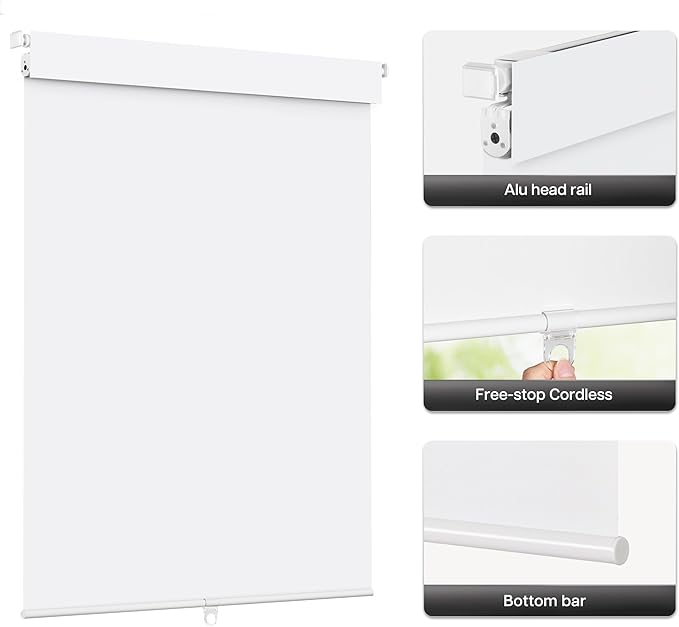 LazBlinds No Drill Blinds for Indoor Windows, Blackout Roller Shades, Cordless Window Blackout Blinds, Thermal Insulated Fabric UV Protection for Home and Office, 33" W x 48" H, White