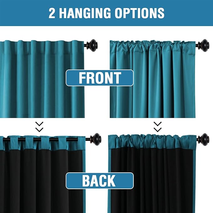 H.VERSAILTEX 100% Blackout Curtains for Bedroom with Black Liner Full Room Darkening Curtains Thermal Back Tab/Rod Pocket Window Drapes for Living Room, 2 Panels, 42 x 84 Inch, Turquoise Blue