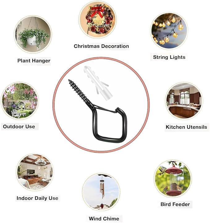 52-Pack Heavy-Duty Black Screw Eye Hooks with Safety Clips | Metal Ceiling Hooks for Hanging Plants, Wind Chimes, Bird Feeders & Indoor/Outdoor Lights