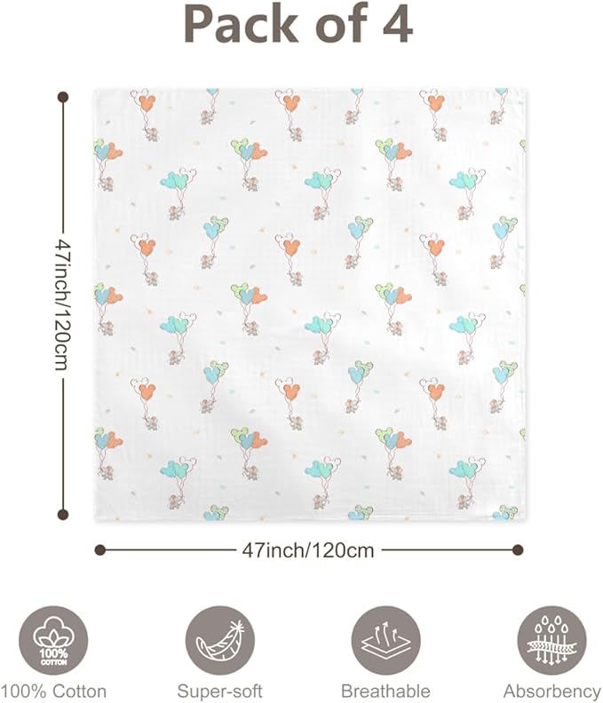 4-Pack 100% Cotton Muslin Swaddle Blankets, Large 47 x 47 Inches — Breathable Soft Receiving Blankets for Newborns, Swaddling Wraps, Baby Essentials, Registry Gift (Wild Jungle Friends)