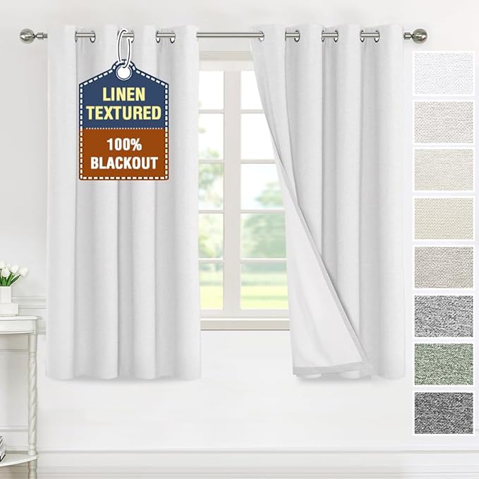 H.VERSAILTEX 100% Blackout Curtains for Bedroom Thermal Insulated Linen Textured Curtains Heat and Full Light Blocking Drapes Living Room Curtains 2 Panel Sets, 52x63 Inch, Heather White(Not Solid)