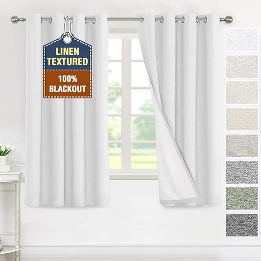 H.VERSAILTEX 100% Blackout Curtains for Bedroom Thermal Insulated Linen Textured Curtains Heat and Full Light Blocking Drapes Living Room Curtains 2 Panel Sets, 52x63 Inch, Heather White(Not Solid)