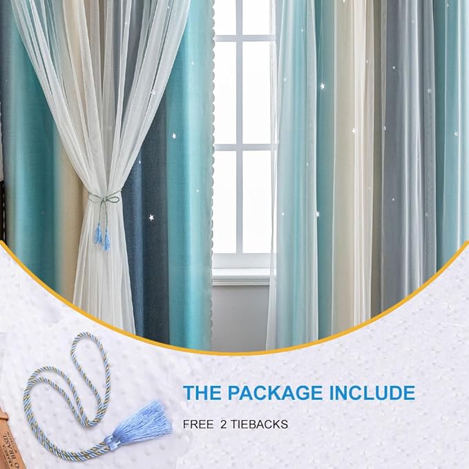 Star Girl and Kids Curtains for Bedroom Rainbow Ombre Double Layer Cute Shot Nursery Darkening Grommet Princess Room Décor 2 Panels Living Room Window Curtain (Blue Yellow52W x 72L