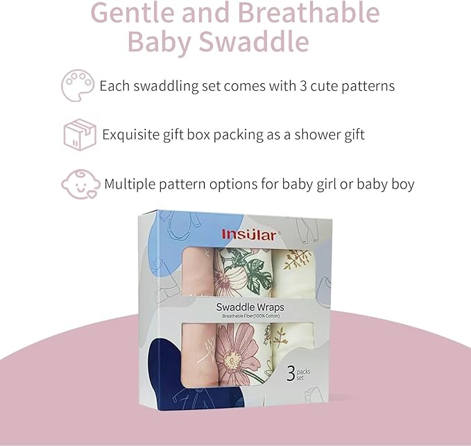 insular Baby Swaddle Wrap, Swaddle Blanket for Newborn and Infant, Adjustable Swaddling Set for Boy and Girl, Soft Cotton Baby Sleep Sack 3 Pack, Floral, Medium(3-6 Month)