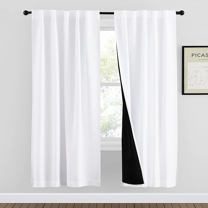 NICETOWN 100% Blackout Window Curtains, Cold and Full Light Blocking Drapes with Black Liner for Nursery, 72 Inches Drop Thermal Insulated Draperies for Studio (Pure White, 2 Pieces, 42 inches Wide)