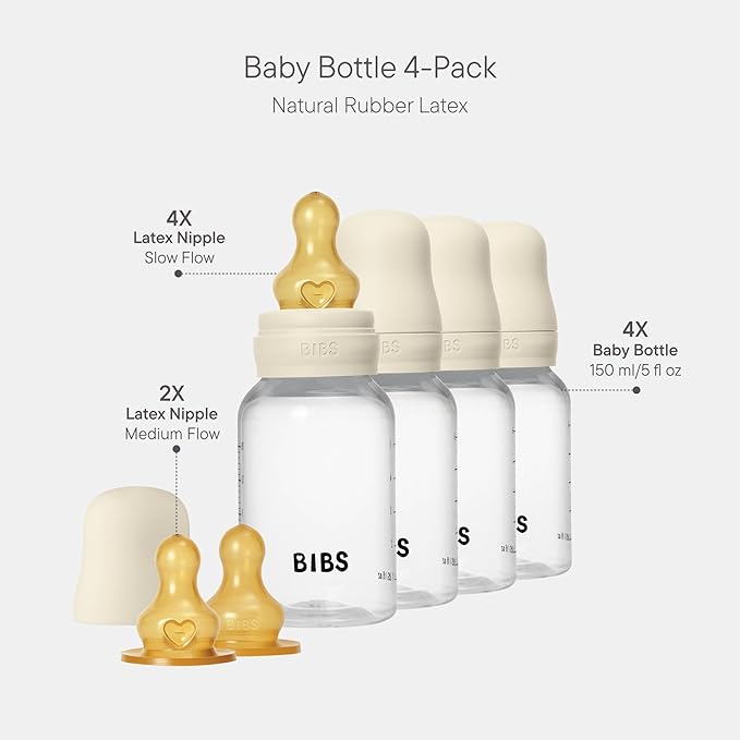 BIBS Baby Bottle 150 ml Latex Nipple 4 Pack - Anti-Colic, BPA-Free, Round Nipple, Lightweight & Easy to Clean, Suitable for Newborns 0+ Years, 4-Pack + 2 Extra Nipples - Ivory