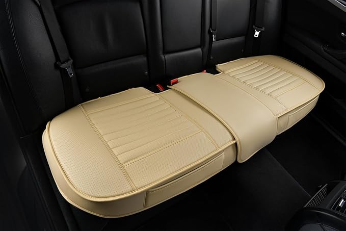 Universal Leather Car Seat Covers Full Set, Car Seat Cushion Covers Protector for Cars SUV Pick-up Truck Van Interior Accessories(Beige)
