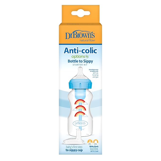 Dr. Brown’s Anti-Colic Options+ Wide-Neck Sippy Bottle Starter Kit, 9oz/270mL, with Level 3 Medium-Fast Flow Nipple and Soft 100% Silicone Sippy Spout, Blue, BPA Free, 6m+