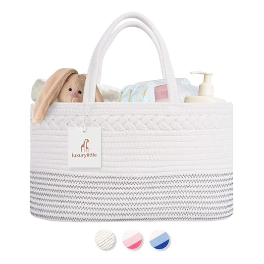 luxury little Diaper Caddy Organizer, Large Cotton Rope Nursery Baby Basket, Changing Table Organizer for Baby Diaper Storage, Portable Car Organizer Removable Divider (Off White, Extra Large)