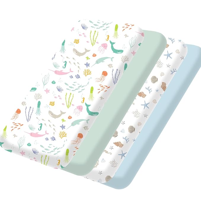 Little Grape Land Mini Crib Sheets 4 Pack, Pack n Play Sheets Fitted 38 x 26 for Boys and Girls, Pack and Play Sheets Compatible with Graco Pack n Play Playard, Pastel Meadow