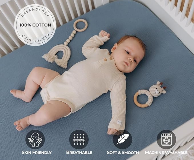 Dreamology Baby Crib Sheets,Muslin Crib Sheet Girls,Boys,Crib Sheet,Breathable Toddler Bed Sheets,2 Pack Crib Sheets Cotton for Standard Cribs, 52x28 Crib Mattress Sheets | Blue and Light Blue