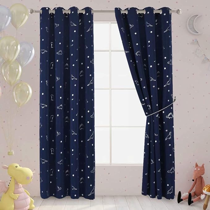 LORDTEX Dinosaur and Star Foil Print Blackout Curtains for Kids Room - Thermal Insulated Curtains Noise Reducing Window Drapes for Boys and Girls Bedroom, 52 x 95 Inch, Navy, Set of 2 Panels