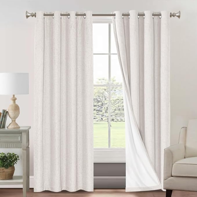 PrinceDeco 100% Blackout Curtains 102 Inches Long with Thermal Insulated White Liner Linen Textured Blackout Curtains for Bedroom, W52 x L102, 2 Panels,102 inch Length for Doorway, Office, Ivory