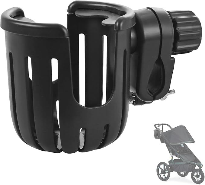 Stroller Cup Holder Compatible with Bob, Clip on Cupholder Attachment for Stroller, Cup Holder with Adjustable Clamp, Fits Most Cups, for Wheelchair, Walker, Bike, Scooter, Black