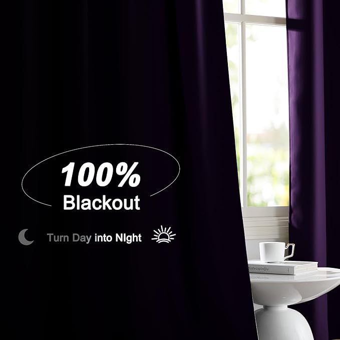 NICETOWN Royal Purple 100% Blackout Curtains for Bedroom, 52x84 Inches Set of 2 for Living Room, Privacy Protection & Noise Reducing Drapes Black Lined Insulated Window Treatment Panels
