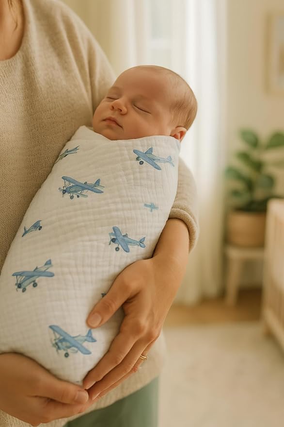 Soft 100% Cotton Swaddles for Newborns, 2- Pack - Large, Breathable Baby Blanket - Versatile, Durable Muslin Swaddle Blankets - Perfect Newborn Essentials (Airplane/Blue)