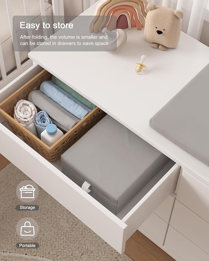 YACODAVO Foldable Baby Changing Pad with Vegan Leather Cover, Standard Side Waterproof & Wipeable Changing Pad for Toddler, Flat Foam Travel Diaper Changing Pad for Dresser and Table, Grey