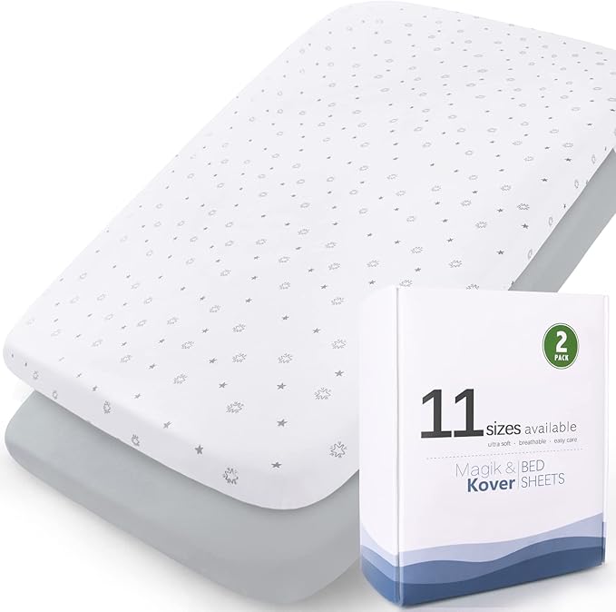 Bassinet Sheets 2 Pack, Compatible with 4moms Breeze Plus Bassinet (not playard), Fit for 23" x 28" Bassinet Mattress Pad, Ultra Soft & Super Stretchy, Baby Boy/Girl, Grey & White Star