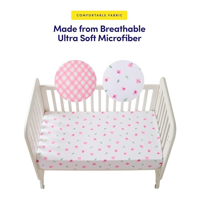2 Pack Crib Sheets for Boys & Girls – Snug Full Elastic Fit for Standard Crib Mattresses (28″×52″) – Stylish Zoo Animals, Feathers, Gingham & Petals, Watercolor Vines Prints, Gingham & Petals