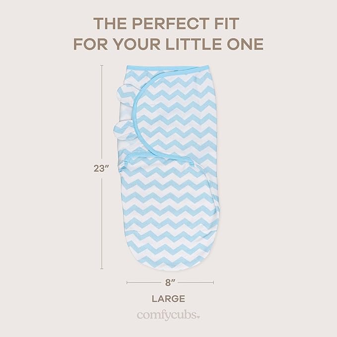 Comfy Cubs Easy Swaddle Blanket, 3 Pack - 100% Cotton Newborn Wrap, Large for 3-6 Months Infants, with Adjustable Velcro, Breathable and Durable Sleep Sack for Babies - Blue