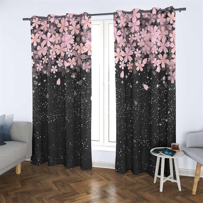Renaiss Pink Cherry Patels Blackout Curtains, Japanese Cherry Flowers Thermal Insulated Bedroom Window Curtains, Black Floral Bossom Window Drapes for Living Room, 96" L x 42" W 2 Panel Set
