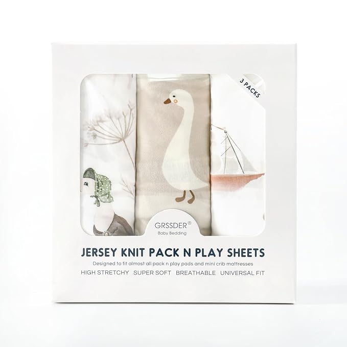 Stretchy Ultra Soft Jersey Knit Fitted Pack and Play Sheets Set 3 Pack, Portable/Mini Crib Sheets for Boys and Girls, Universal Fit for Pack N Plays Safe and Snug, Stylish Pattern of Duck Happy Party