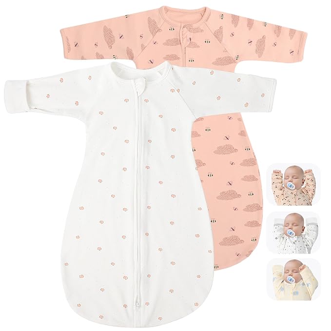 2 Pack Transitional Swaddle Sack with Arms Up Length Sleeves & Mitten Cuffs, Sleeping Sack Bag 2 Ways Zipper, Wearable Swaddling Blanket for Newborns Baby Snug Fit Calms Startle Reflex