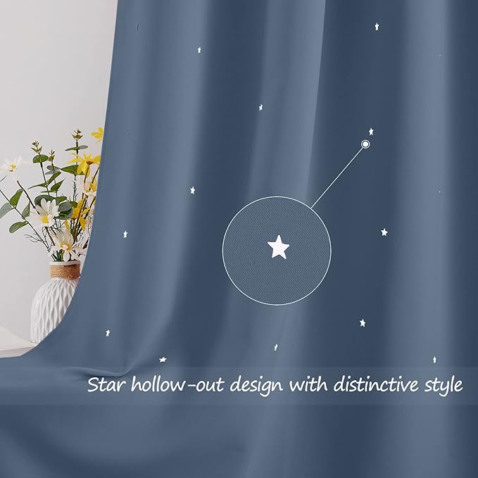 NICETOWN Blackout Star Curtains for Kids Room Boys Girls Twinkle Silver Stars Thermal Insulated Cute Thick Soft Curtain Drapes, Grommet Top, 2 Panels, 42" W x 63" L, Stone Blue