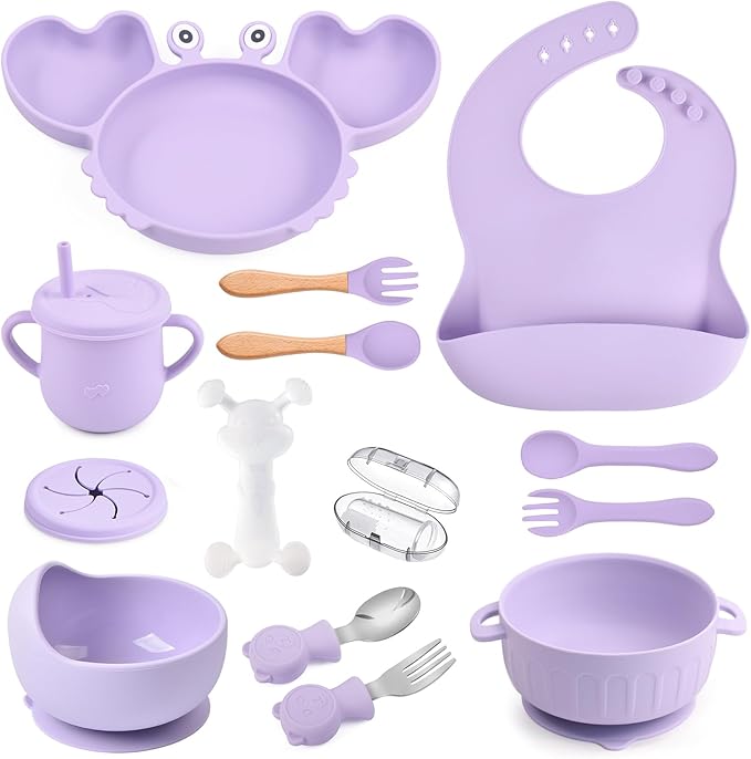 Silicone Baby Feeding Set 15 Pcs，Baby Spoons Suction Bowl Divided Plate Bib Cup Finger Brush Training cups,Baby Led Weaning Supplies,Baby Plates，Toddler Feeding Plates and Bowls Set（purple）