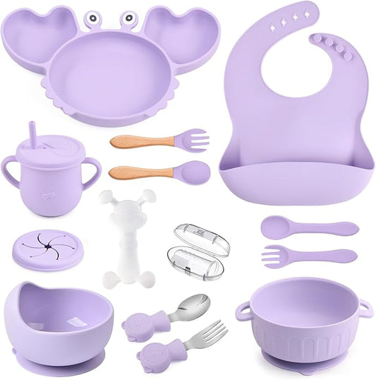 Silicone Baby Feeding Set 15 Pcs，Baby Spoons Suction Bowl Divided Plate Bib Cup Finger Brush Training cups,Baby Led Weaning Supplies,Baby Plates，Toddler Feeding Plates and Bowls Set（purple）