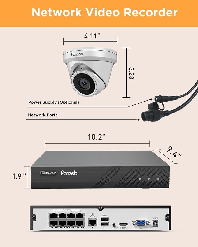 NVR Security Camera System 8 Channel, 6X 5MP Wired Surveillance IP Dome Turret Camera with Person Detection for Home Security, 100ft IR Night Vision, 4K 8CH PoE NVR 2TB HDD, PD93A0608-5M