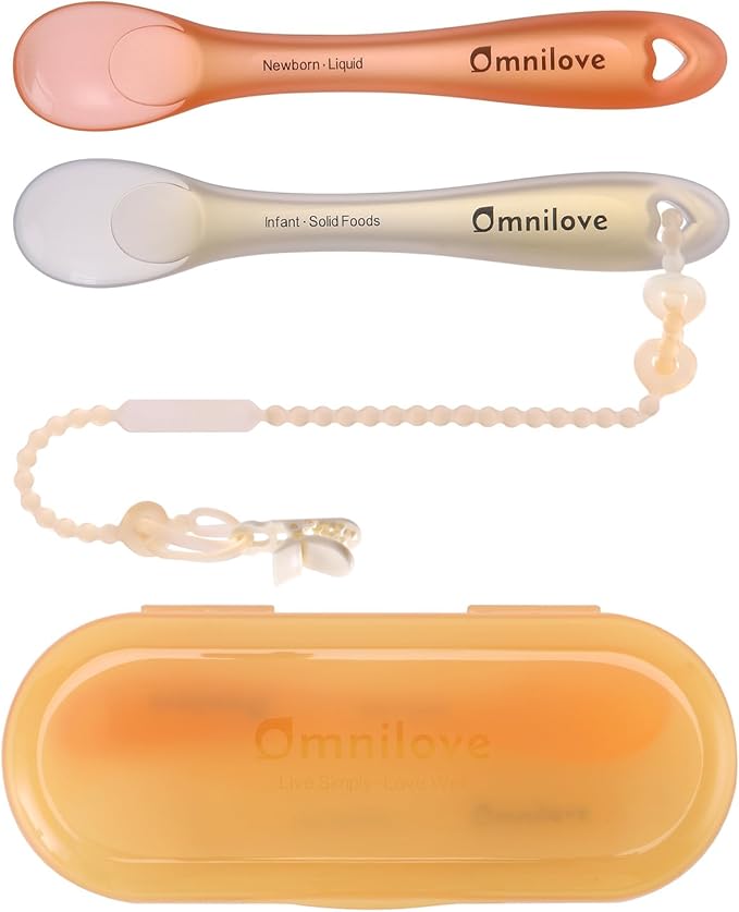Omnilove Silicone Baby Spoons 2-Pack with Case, New Born Self Feeding Toddler Spoon, Baby Led Weaning Supplies, Toddler Utensils with Safety Chain, Baby Eating Essentials, Dishwasher Safe