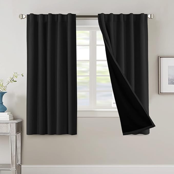 H.VERSAILTEX 100% Blackout Curtains for Bedroom with Black Liner Full Room Darkening Curtains Thermal Insulated Back Tab/Rod Pocket Window Drapes for Living Room, 2 Panels, 42 x 63 Inch, Jet Black
