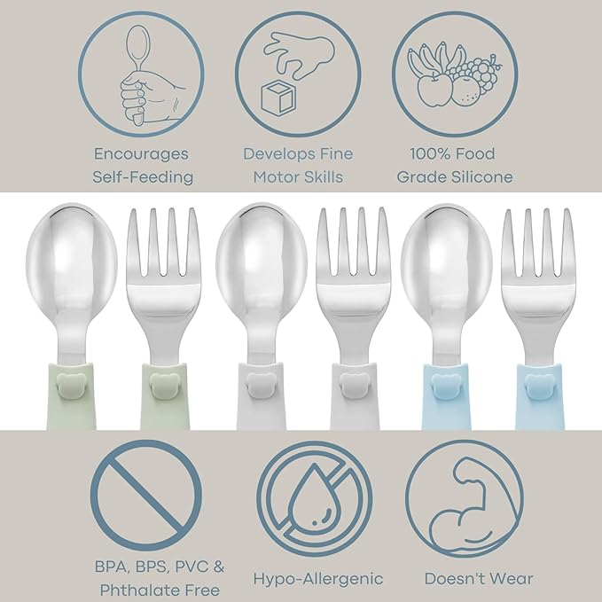 Ali+Oli Toddler Utensils Set (6 Pack) – Stainless Steel Kids Silverware with Soft Silicone Handles, BPA Free Baby Forks and Spoons, Durable Children Flatware Dishwasher Safe for Self Feeding (Bears)
